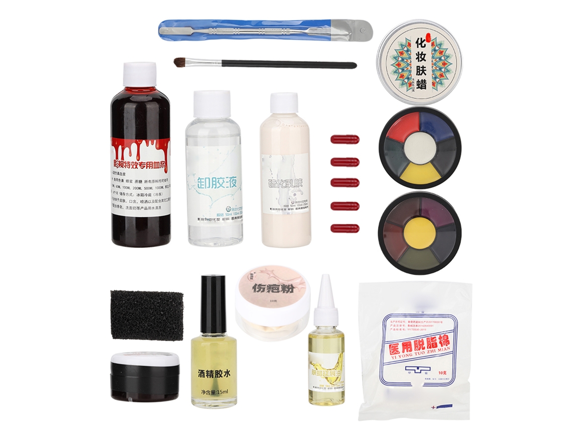 Kit de herramientas de maquillaje para Halloween: espátula, cera, removedor de cicatrices, sangre falsa.