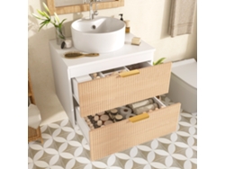 Mueble Baño 60 Cm Lavabo Cerámico Redondo, 2 Cajones Y Diseño Efecto Madera - Natural