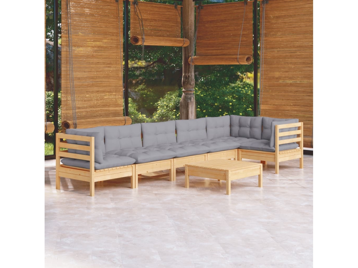 Conjunto Lounge Jardim 7 Peças C/ Almofadões Cinza Pinho Dkd Home Decor