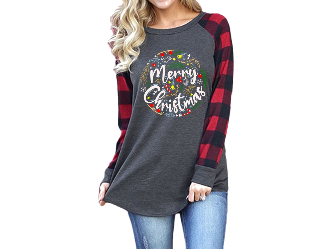 2026altiro-Camiseta navideña para mujer con cuello redondo, mangas raglán, estampado de guirnalda y cuadrados cruzados, gris, talla M