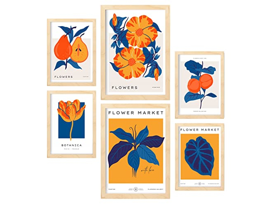 NACNIC Set De 6 Posters Florales Jungla Naranja Láminas De Naturaleza Y Botánica Para  Tamaños A3 & A4 Marcos Color Madera