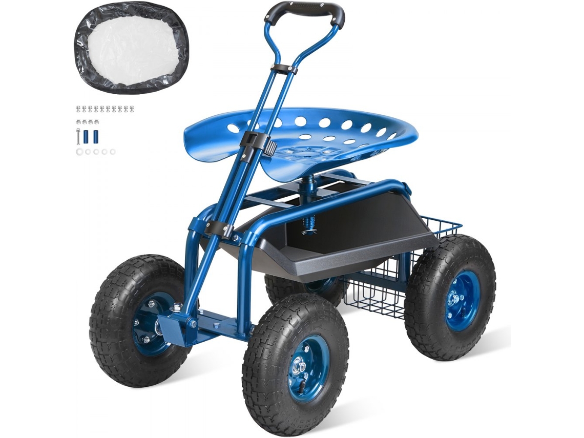 Banco de jardinería con ruedas giratorias, asiento ajustable y carrito de herramientas Tekmaquinas