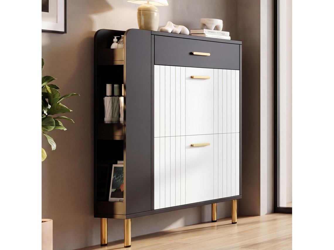 Zapatero Estrecho Con 2 Puertas, 1 Cajón Y 3 Compartimentos, Blanco Y Negro, 80x24x105cm