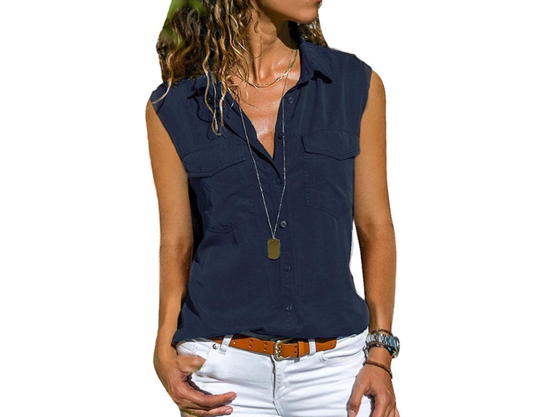 2026-chaleco Sin Mangas De Botones Para Mujer Con Bolsillos Blusa De Color Sólido Para Verano