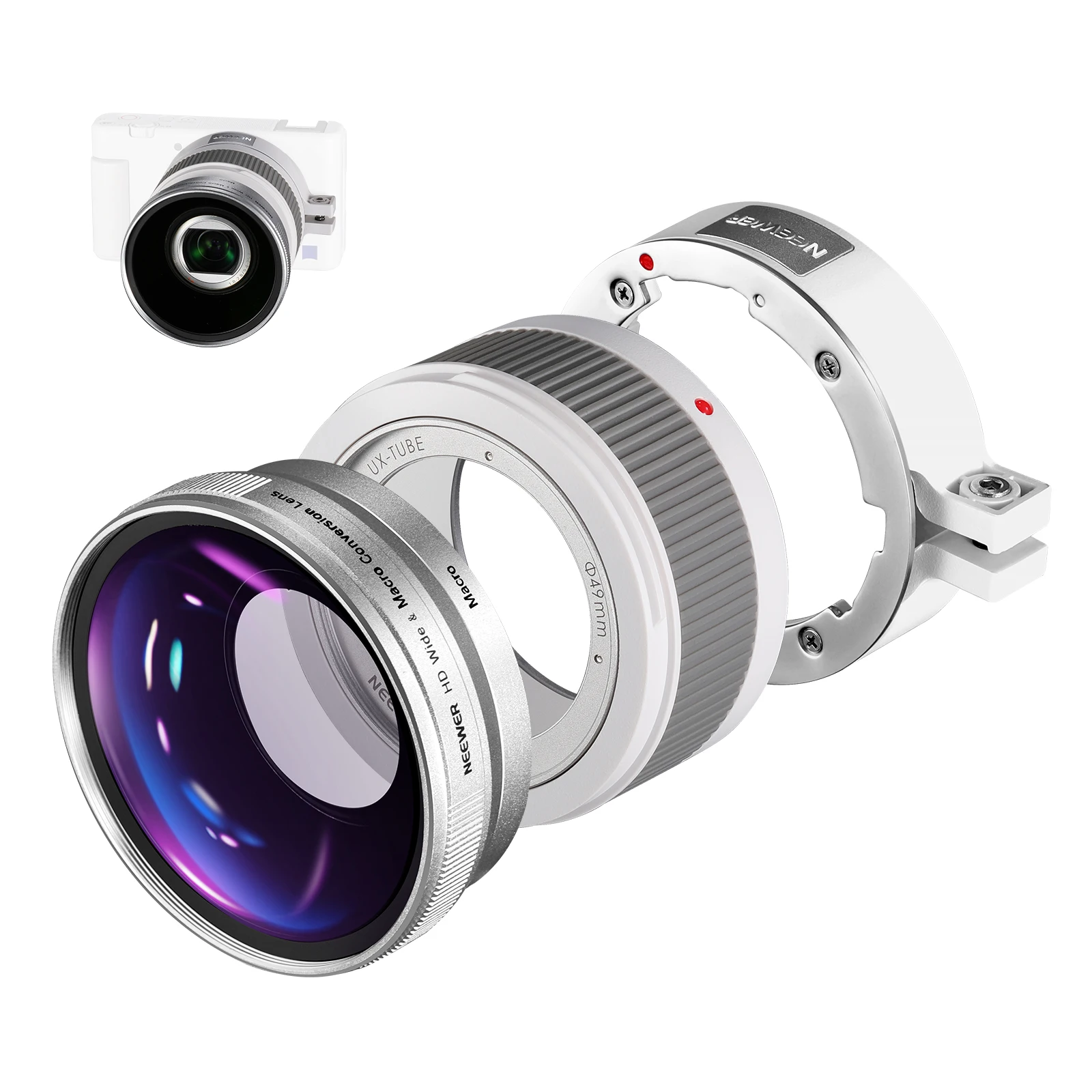 Lente 2 en 1 para Sony ZV1: Gran angular HD de 18 mm + Macro 10x con tubo de extensión, color blanco.