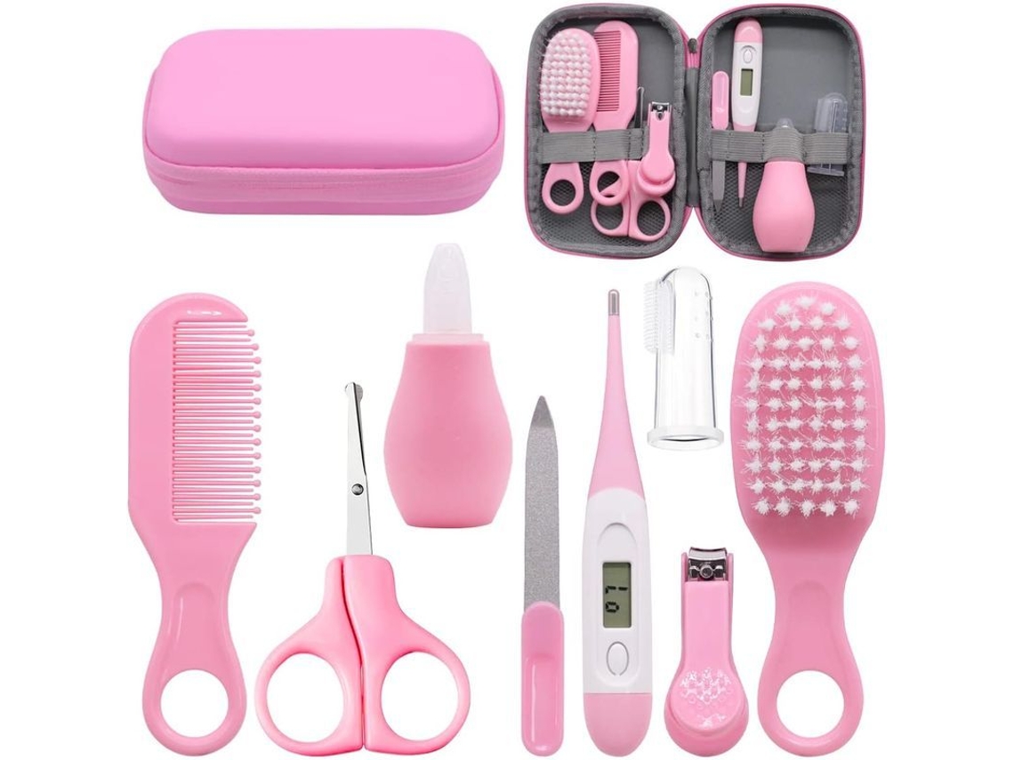 Kit De Higiene Para Bebé De 8 Piezas, Accesorios Para El Cuidado Del Recién Nacido Con Caja Con Cremallera, Set Para El Cuidado Del Cabello, Set Para El Cuidado De Las Uñas Y Termómetro, Rosa.