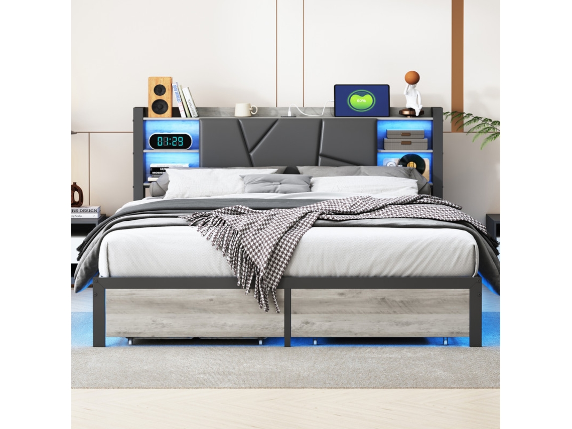 Cama De Matrimonio 160x200 De Hierro Y Madera Con Cabecero Acolchado Luz Led Rgb Cajones Estación De Carga Usb Diseño Moderno Minimalista