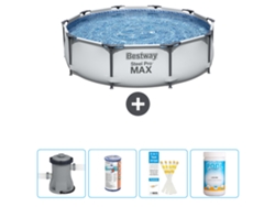 Piscina BESTWAY Round Steel Pro MAX - 305 x 76 cm - Gris - Bomba incluida Filtrar - Tiras de prueba - Cloro
