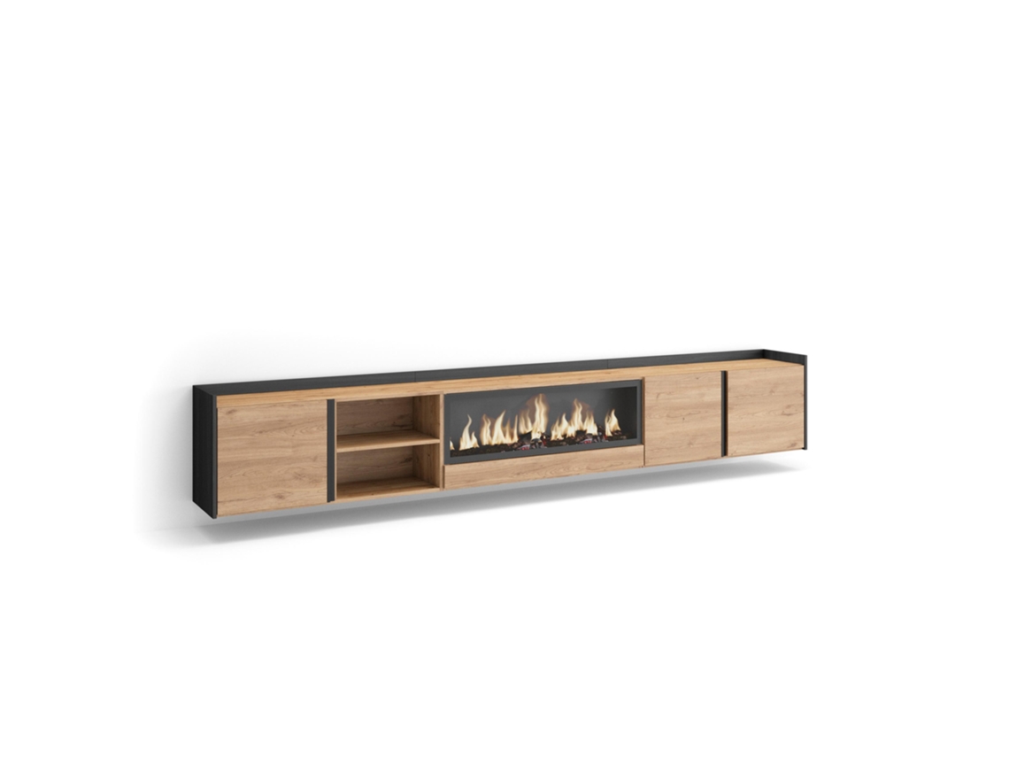 Mueble para TV, 315x35x50cm, para televisores de hasta 80'', chimenea eléctrica XXL, de pared, roble y negro.