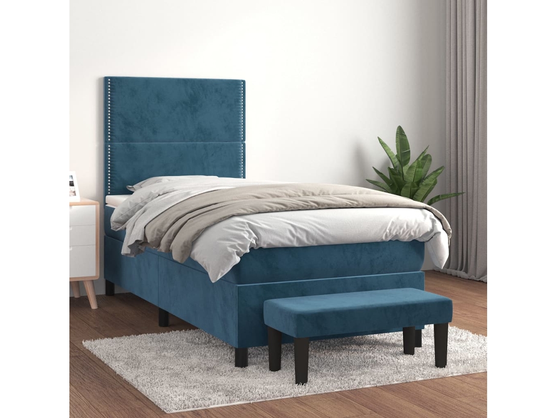 Cama Box Spring Con Colchón Terciopelo Azul Oscuro 90x200 Cm