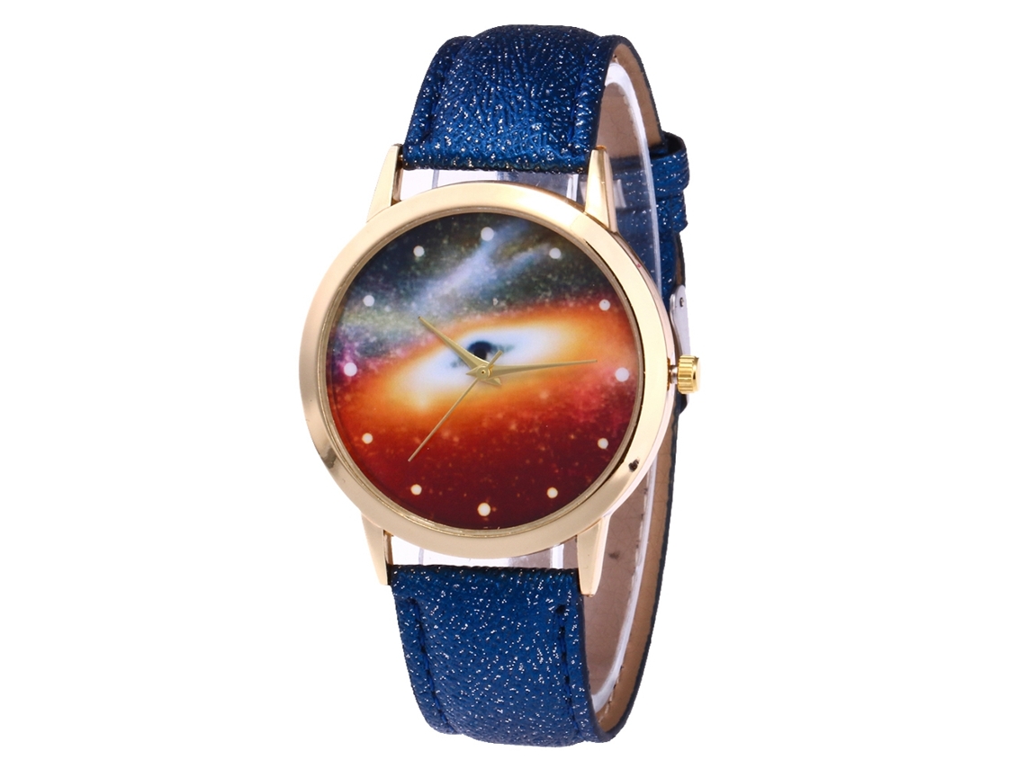 Reloj De Pulsera De Cuarzo Con Correa De Piel Sintética Y Esfera Azul Oscuro Con Diseño De Cielo Estrellado.