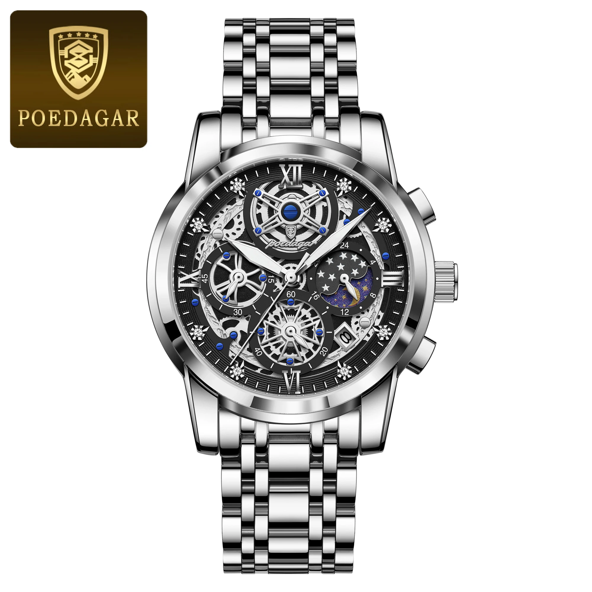 Reloj De Caballero De Acero Inoxidable, Resistente Al Agua, Luminoso, Con Indicador De Fecha (caja Plateada, Esfera Negra).