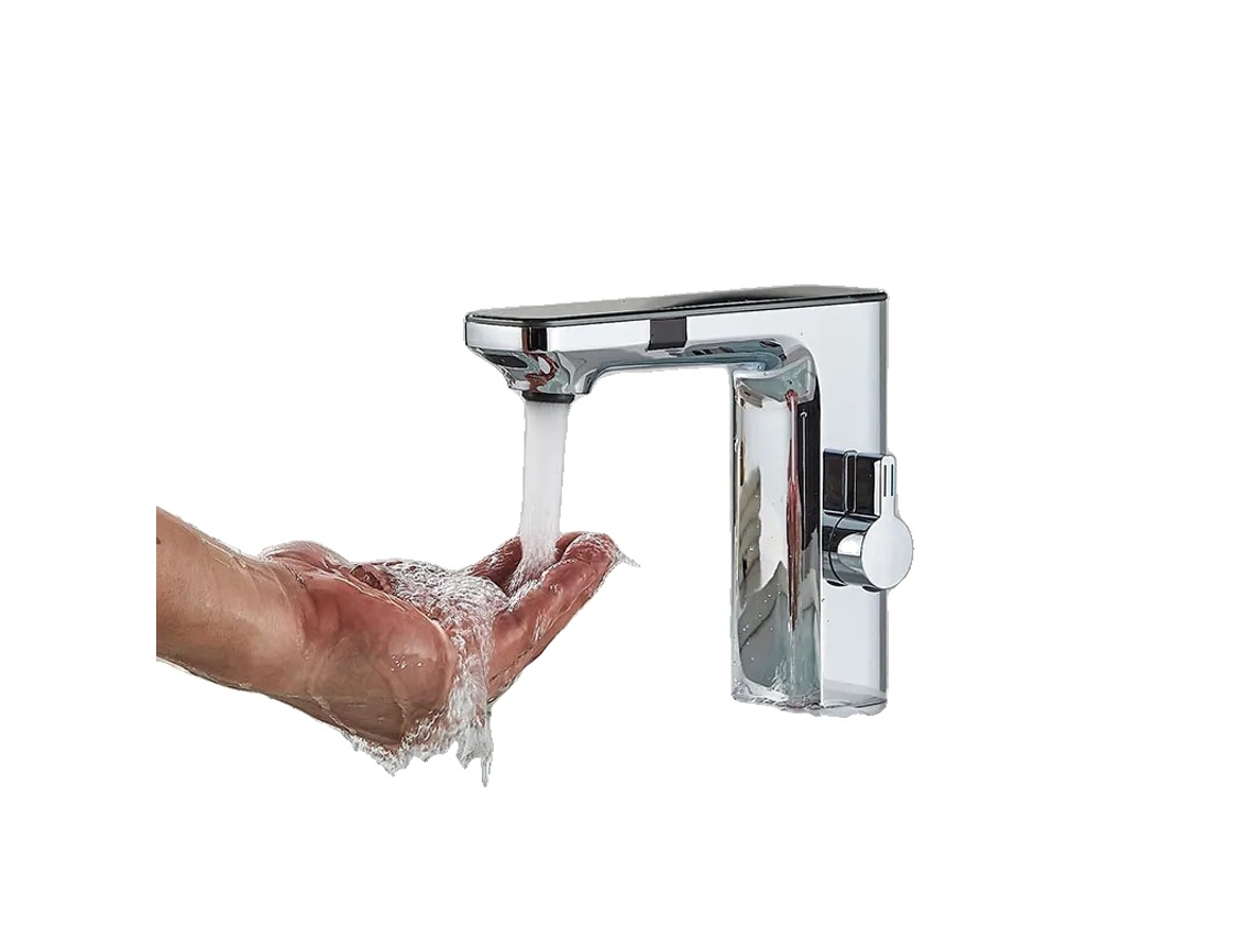 Grifo de lavabo con sensor sin contacto y pantalla digital de temperatura, cromado