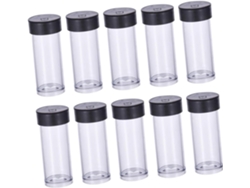 Conjunto De 40 Frascos Cilíndricos Transparentes Para Armazenamento Com Tampas Pretas.