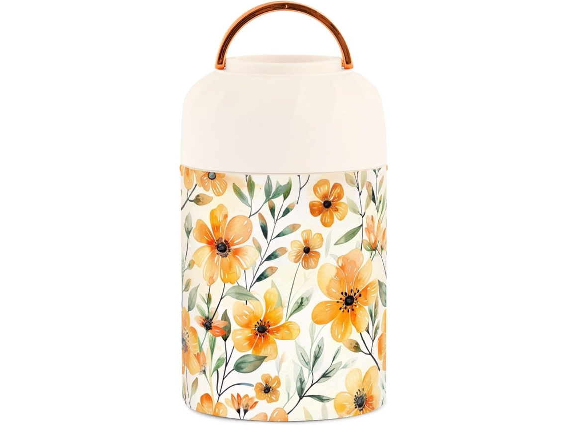 Fiambrera con estampado floral en acuarela, 500 ml, acero inoxidable, sin marca.