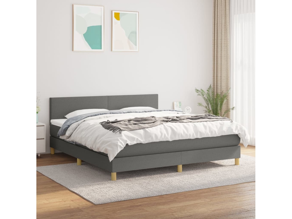Cama Box Spring Con Colchón Tela Gris Oscuro 160x200 Cm