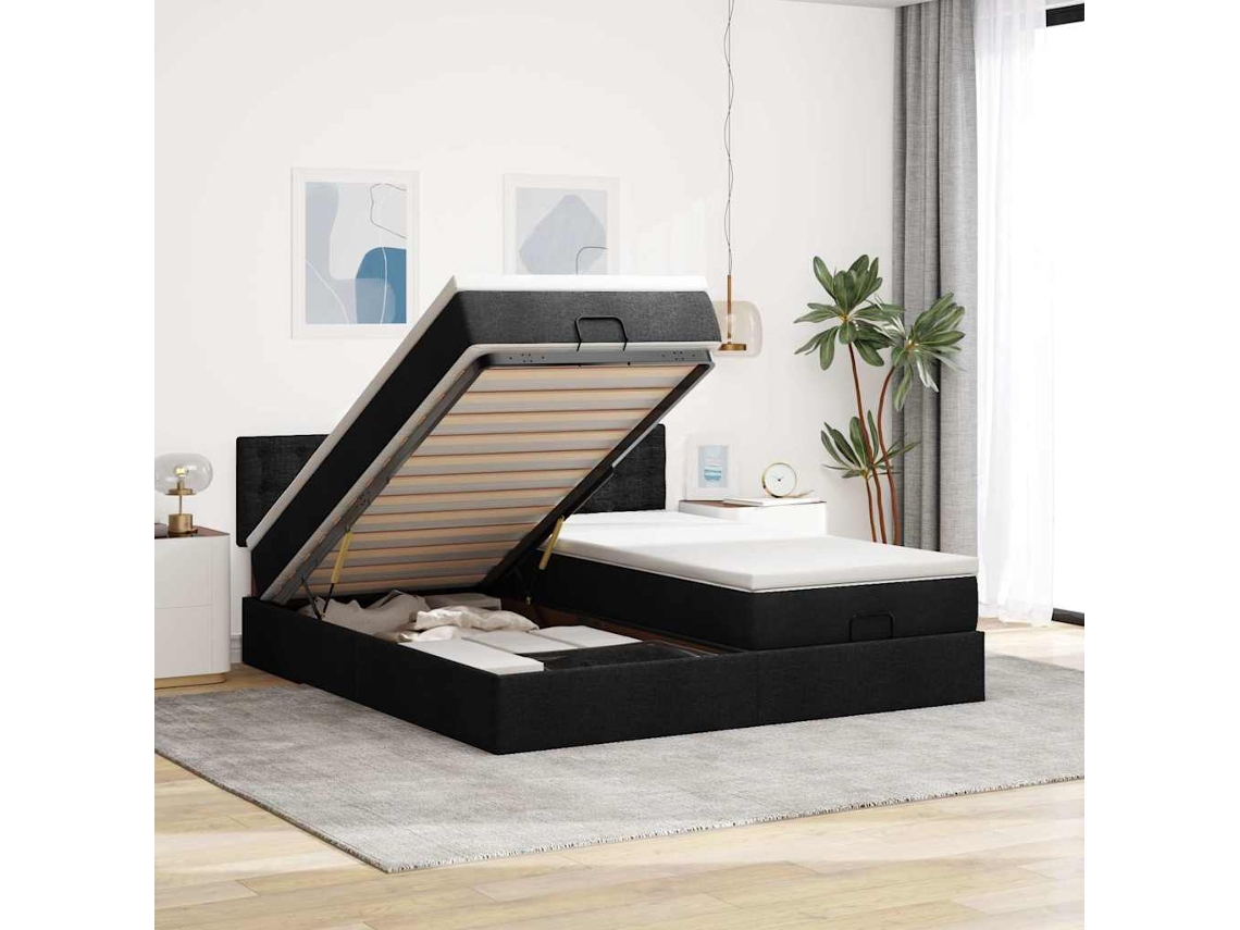 Estructura de cama otomana con colchones tela negra 180x200cm