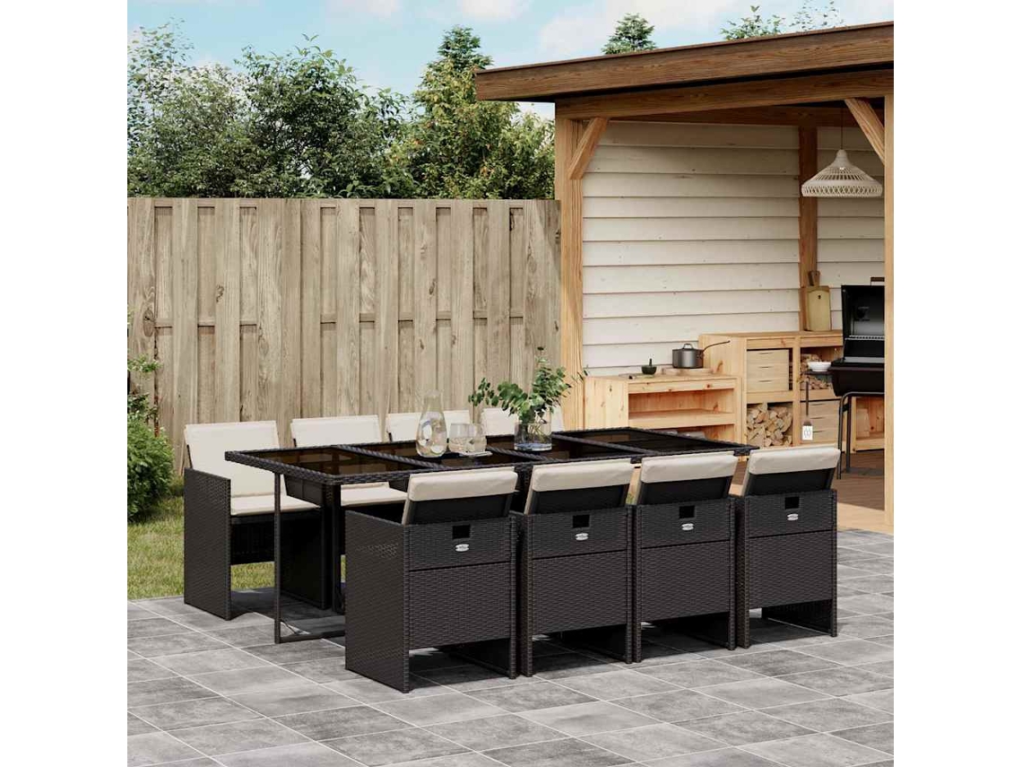 Juego de comedor de jardín de 9 piezas con cojines, mimbre sintético negro, DKD Home Decor