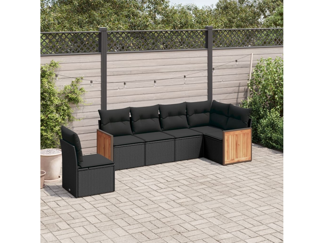 Conjunto de sofá de jardín de 6 piezas con cojines, mimbre sintético negro, DKD Home Decor
