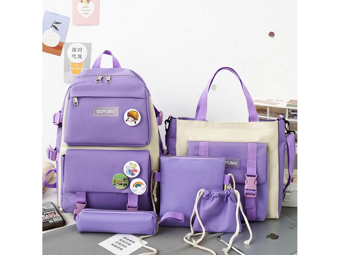 Mochila de gran capacidad para estudiantes, juego de cinco piezas, color violeta.