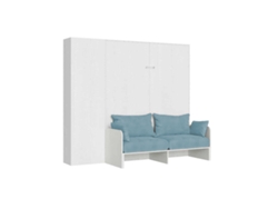 Cama Doble Abatible Kentaro De 160 Cm Con Sofá Y Columna En Fresno Blanco Y Azul Claro