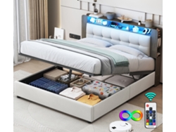 Cama Tapizada 160x200 Cm, Cama De Matrimonio, Carga Magnética, Luces Led, Con Caja De Almacenaje, Tejido De Terciopelo - Beige