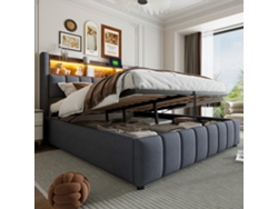 Cama Doble De 180x200 Cm Con Cabecero Tapizado, Iluminación Led Y Usb, Color Gris.