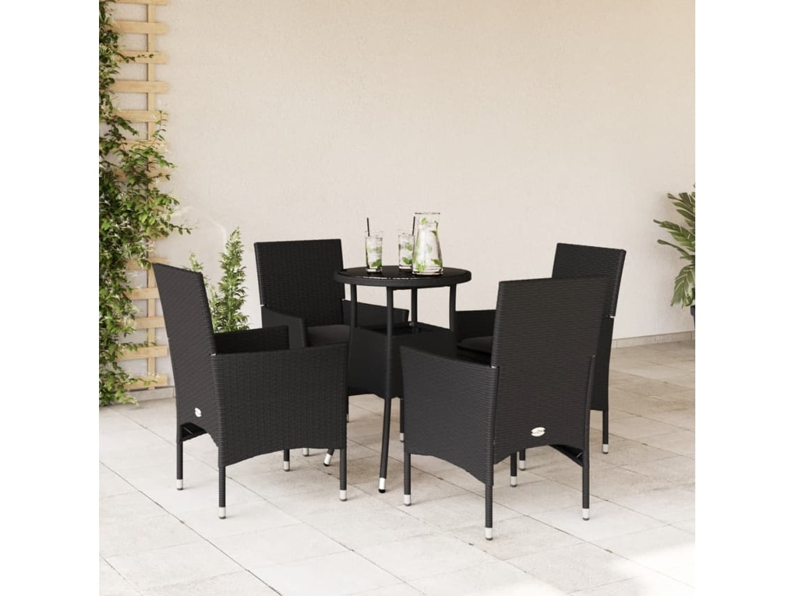 Juego de comedor de jardín de 5 piezas con cojines de mimbre negro de polietileno y vidrio, Dkd Home Decor
