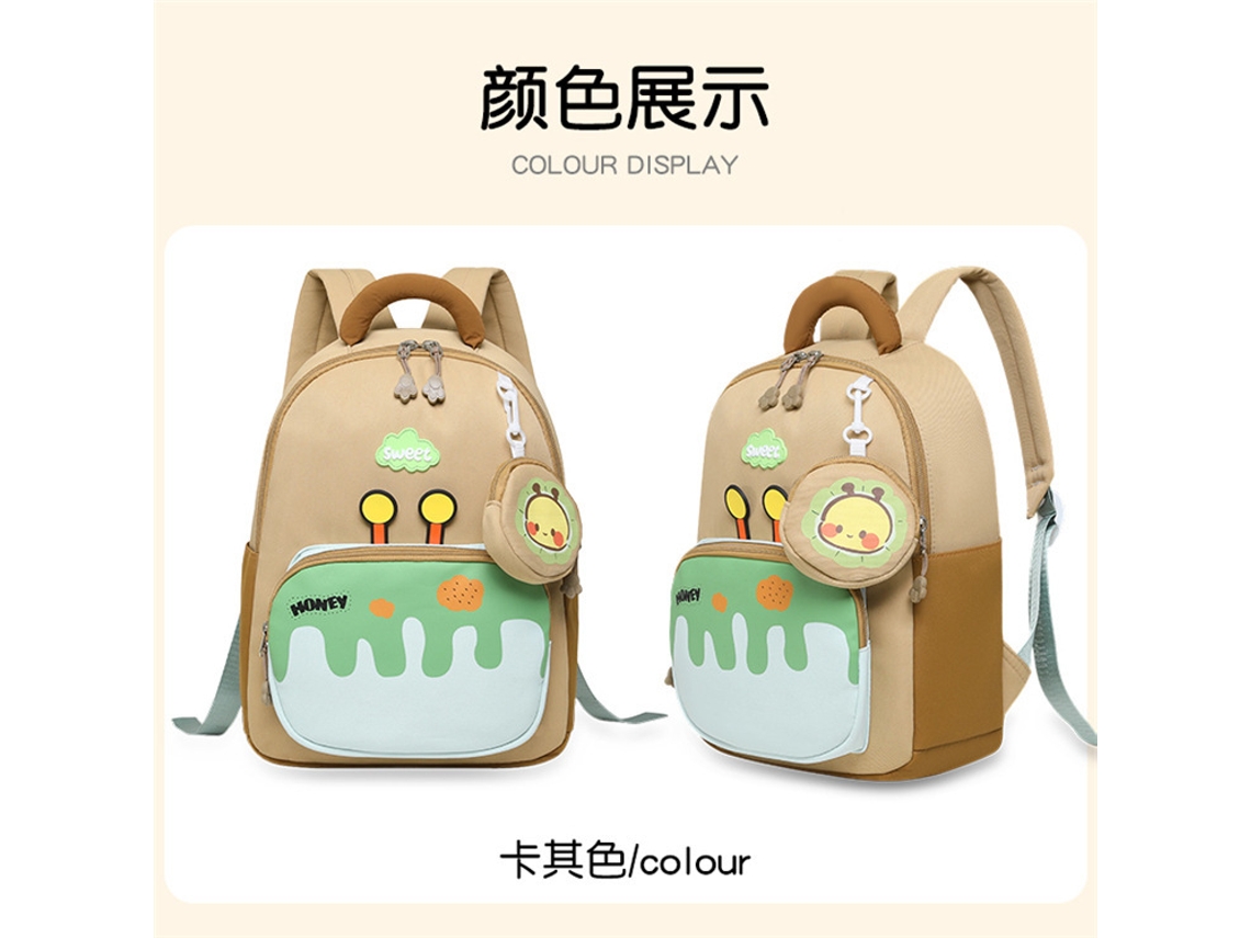 Mochila infantil con estampado de dibujos animados, ligera y de gran capacidad para estudiantes. Color caqui.