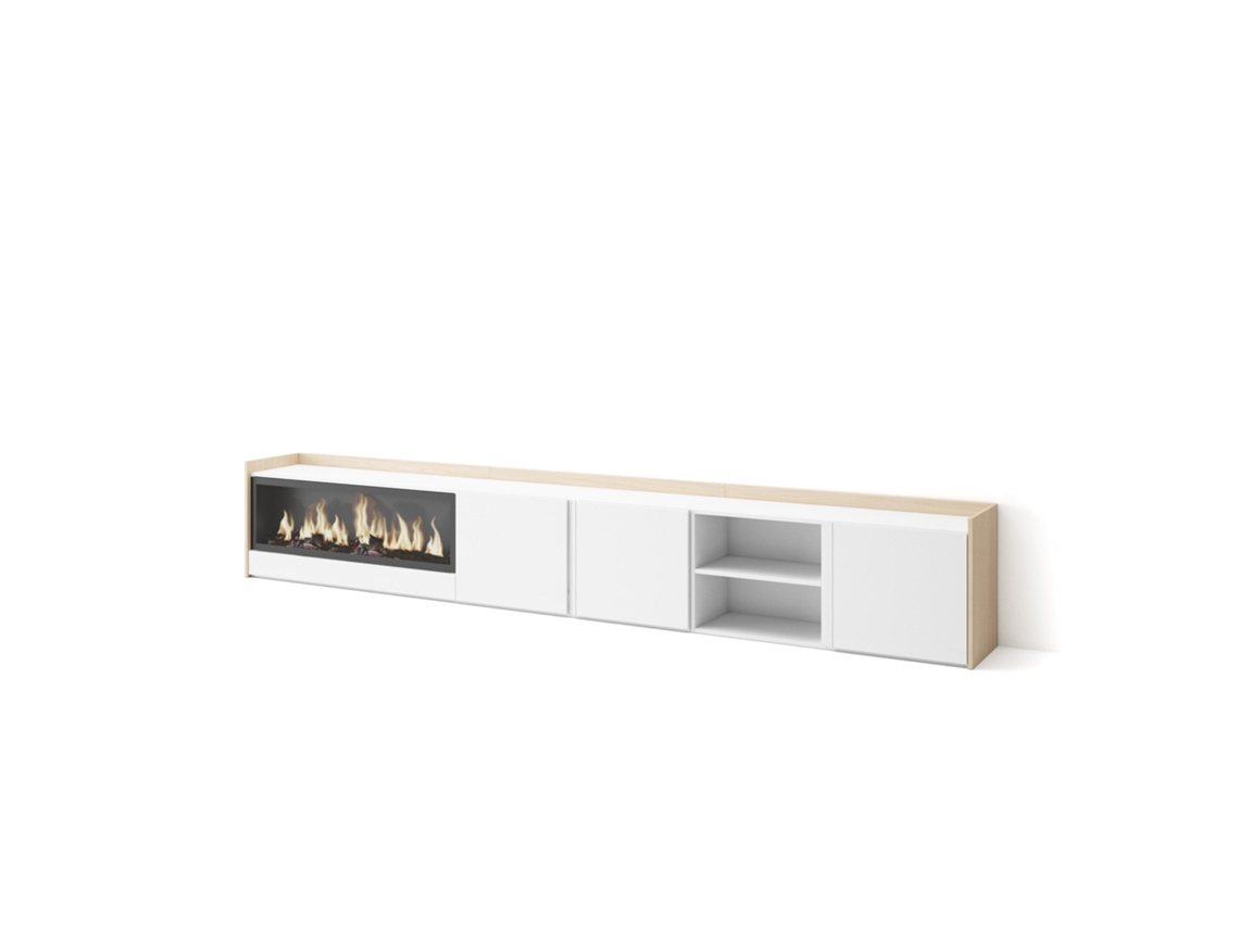Mueble Tv, Televisión, 315x35x50cm, Para Tv Hasta 80", Chimenea Eléctrica Xxl, Blanco Y Roble Soft