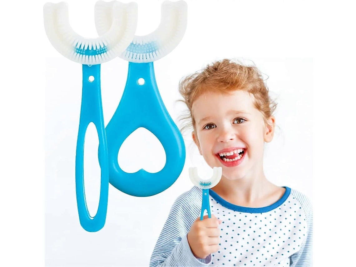 Cepillo de dientes infantil en forma de U, azul, con cabezal de silicona suave, apto para uso alimentario, limpieza de 360°, ideal para niños de 2 a 12 años. GOKOCO