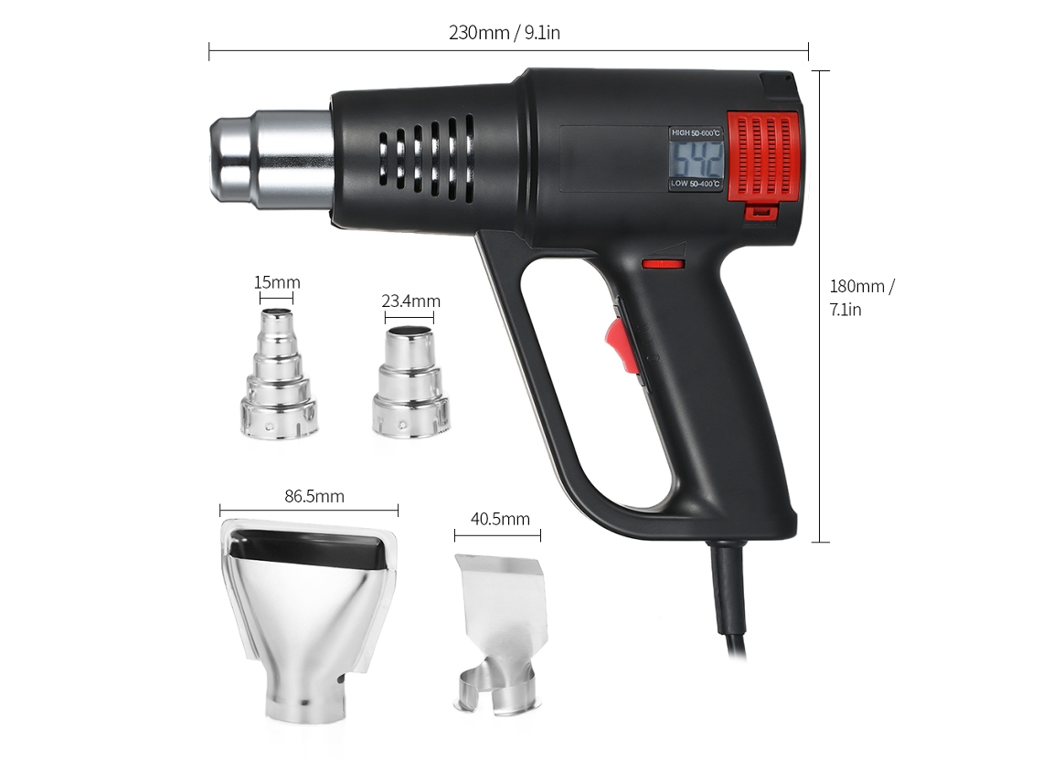 Pistola de aire caliente industrial de 2000 W con pantalla LCD, temperatura ajustable de 50 a 600 ℃ y 4 boquillas con ajuste de flujo.
