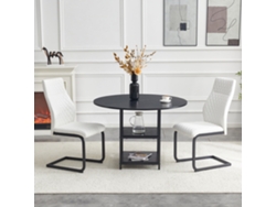 Conjunto mesa y sillas 107 cm - mesa redonda 2 niveles almacenaje + 2 sillas rombos, estilo industrial MDF/metal - blanco
