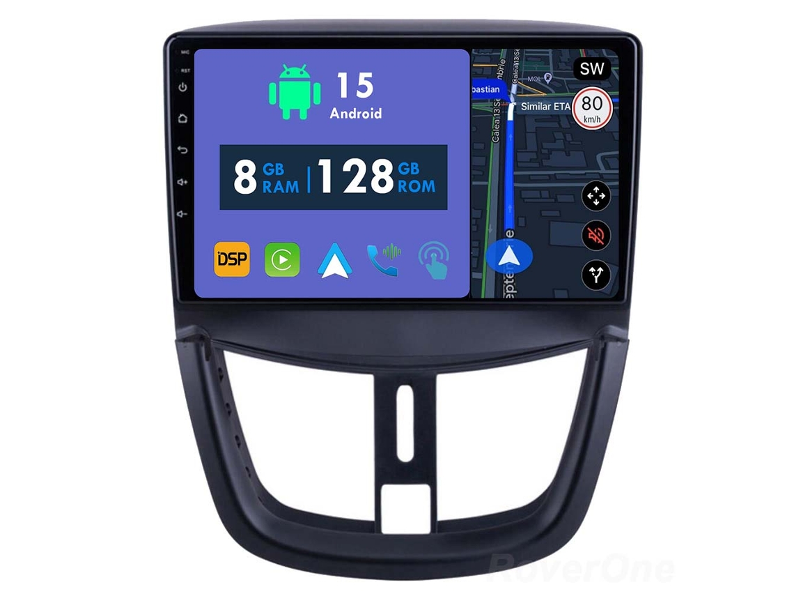 Coche Radio Android Auto Autoradio 8GB RAM 128G ROM CarPlay Navegación GPS Pantalla Táctil RoverOne para Peugeot 207 2006 - 2015 