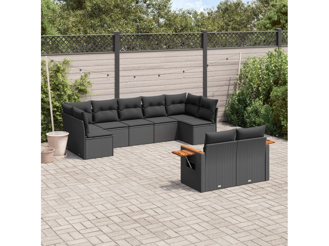 Conjunto de sofá de jardín de 9 piezas con cojines, ratán negro, Dkd Home Decor