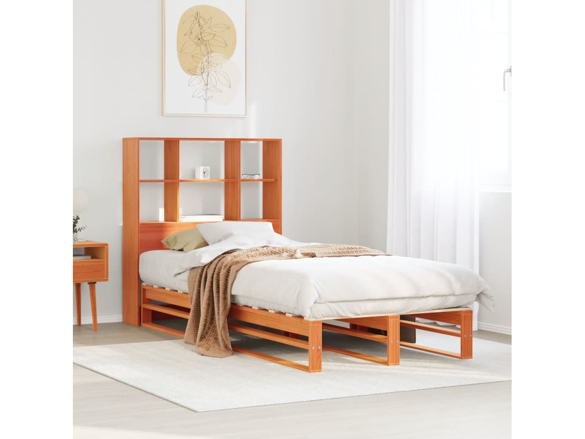 Cama Con Estantería Sin Colchón Madera Maciza Marrón 75x190 Cm
