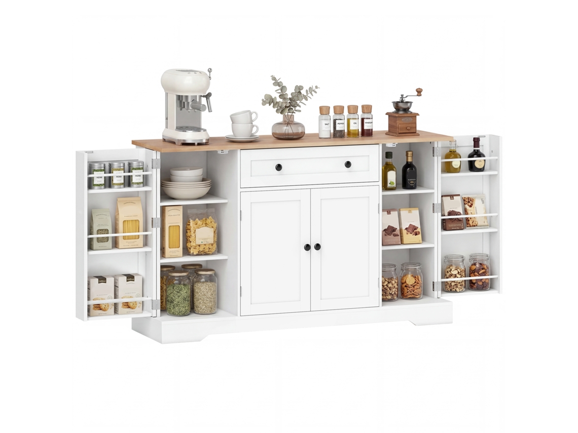 Aparador De Cocina, Mueble De Almacenamiento Con Cajón, 4 Puertas, Estantes Ajustables Y 6 Compartimentos En La Puerta, 138x40x83,5 Cm, Blanco.