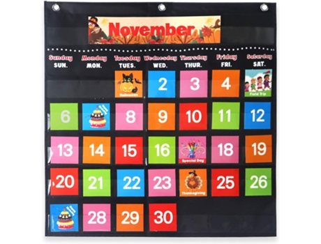 Gráfico de bolsillo de calendario mensual negro con 88 tarjetas, gráfico de bolsillo educativo negro para niños aprendiendo para el hogar o la escu...