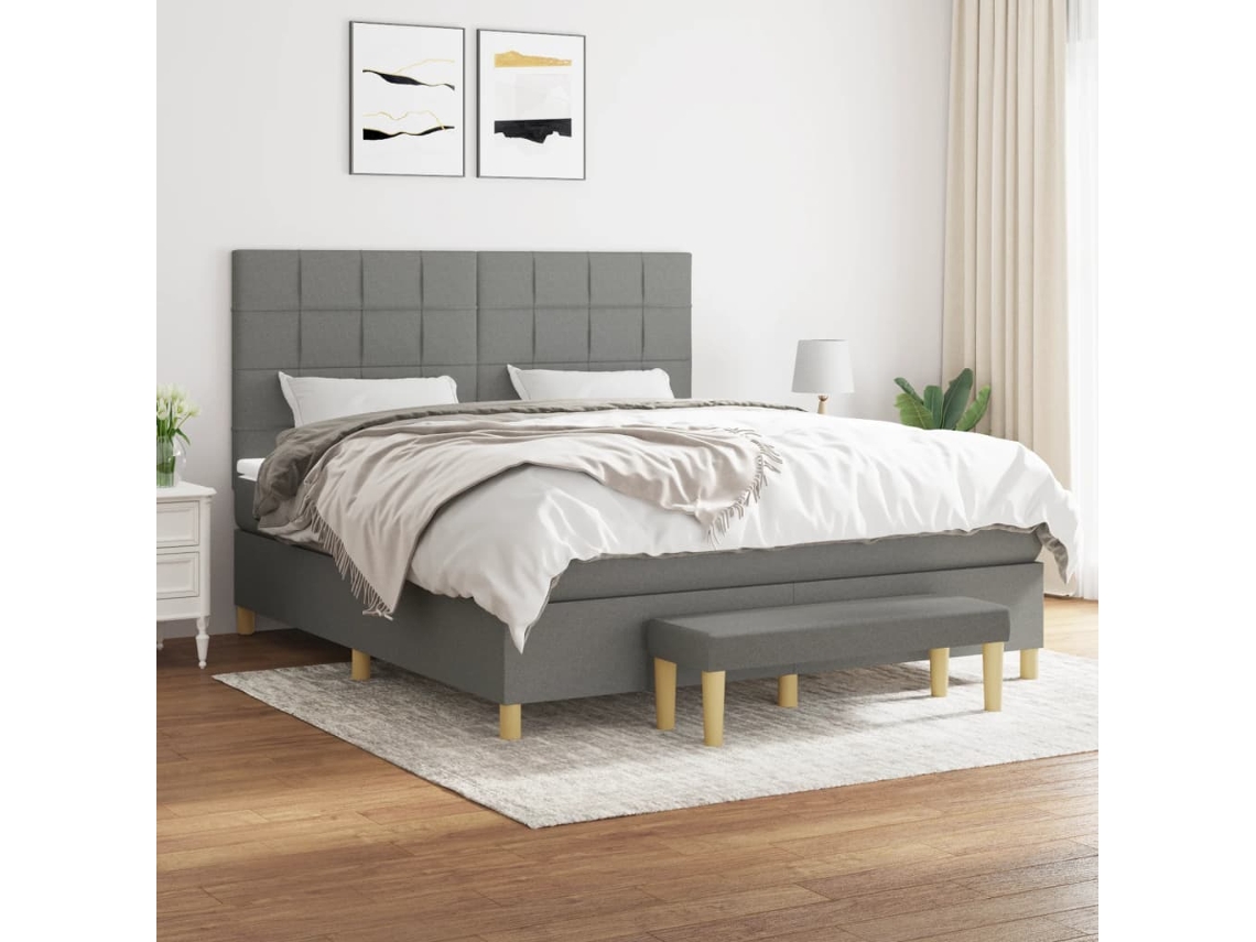Cama Box Spring Con Colchón Tela Gris Oscuro 160x200 Cm