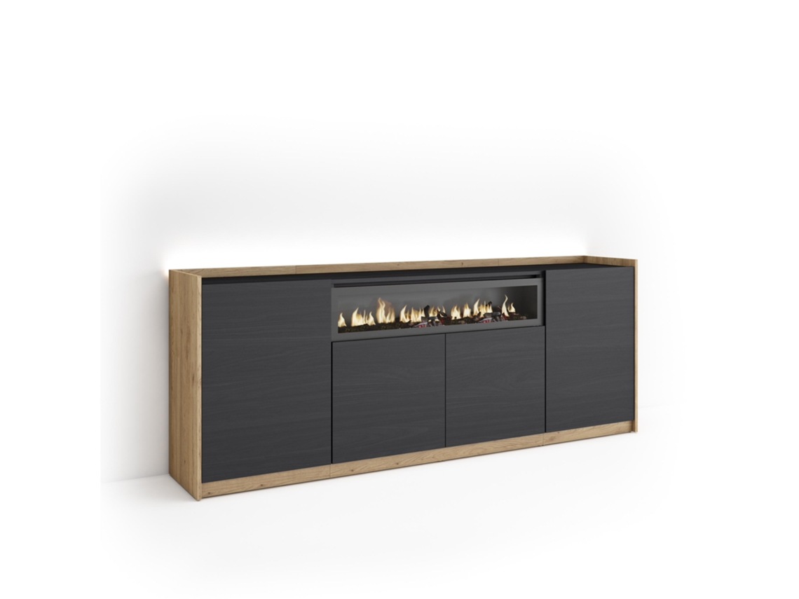 Aparador Para Salón, 207x37x80cm, 4 Puertas, Chimenea Eléctrica, Led, Negro Y Roble