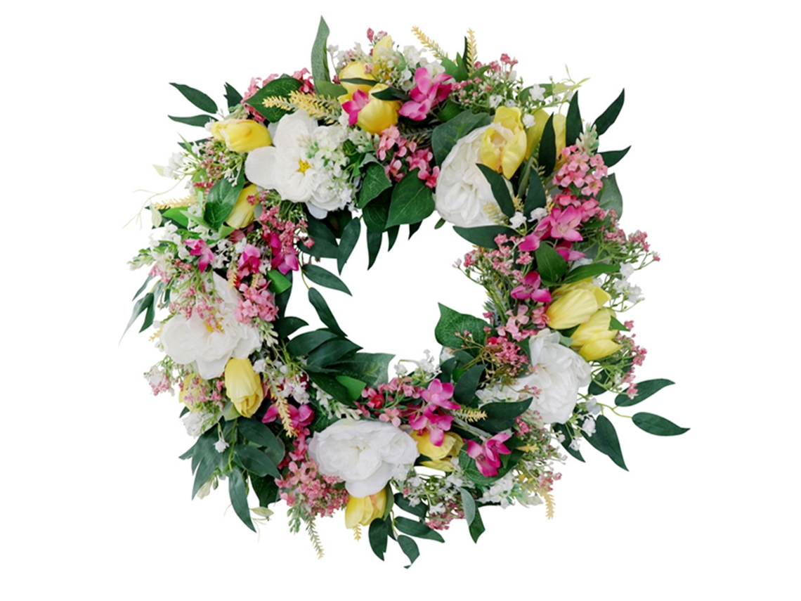 Decoración de puerta para boda con corona de tulipanes simulados