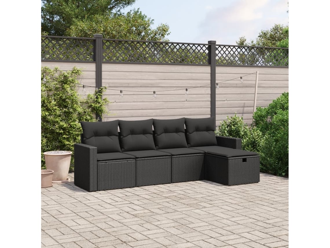 Conjunto de sofá de jardín de 5 piezas con cojines de mimbre sintético negro, Dkd Home Decor