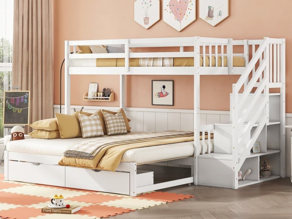 Litera De Madera - 90x200cm + 90/180x200cm - 2 Cajones Y Estantes - 2 Somieres - Blanco