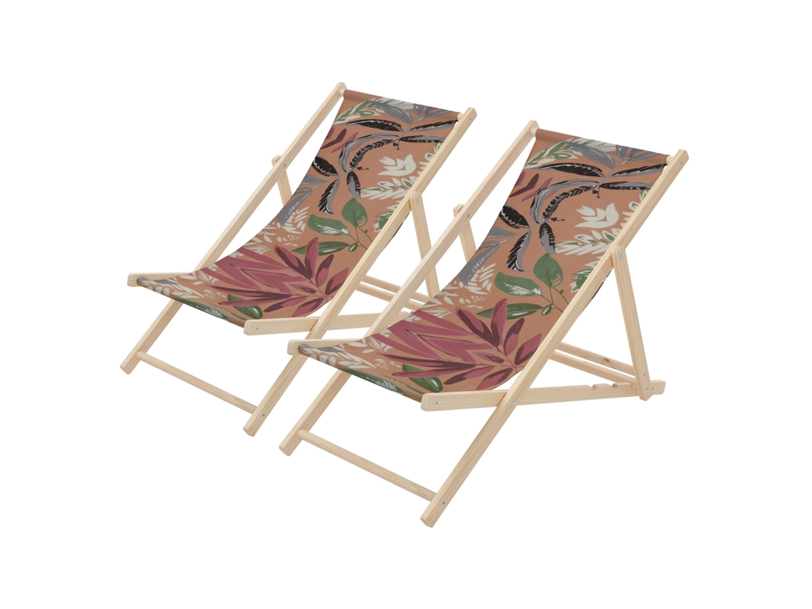 2x Silla De Playa Ecd Germany Madera Con Respaldo Ajustable En 3 Posiciones, Diseño Floral