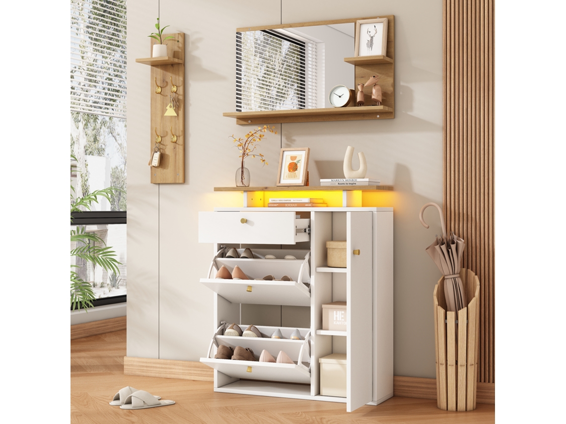 Conjunto De Recibidor 105x25x151,5 Cm - 3 Piezas Con Espejo, Led Y Ganchos - Blanco/natural