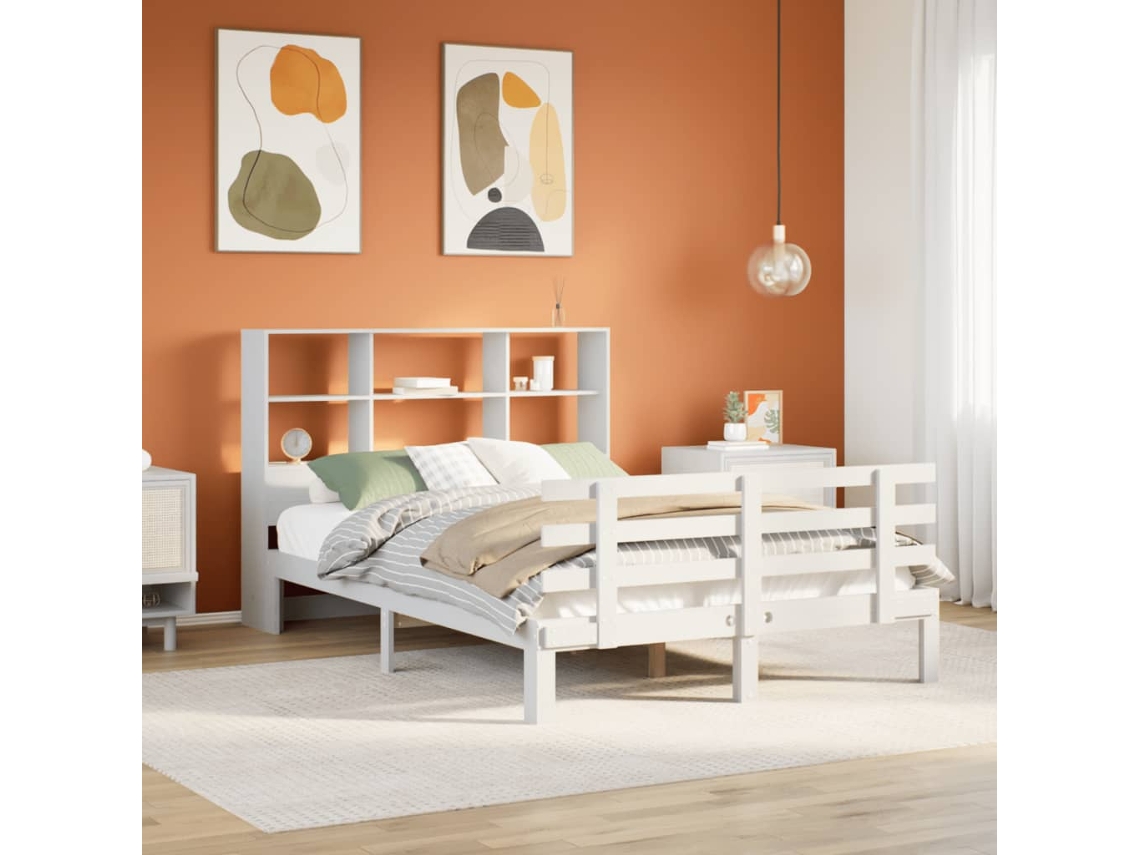 Cama Con Estantería Sin Colchón Madera Maciza Blanca 140x200 Cm