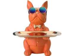 Figura De Bulldog Francés Con Bandeja De Acero Inoxidable Y Llavero De Mesa Naranja.