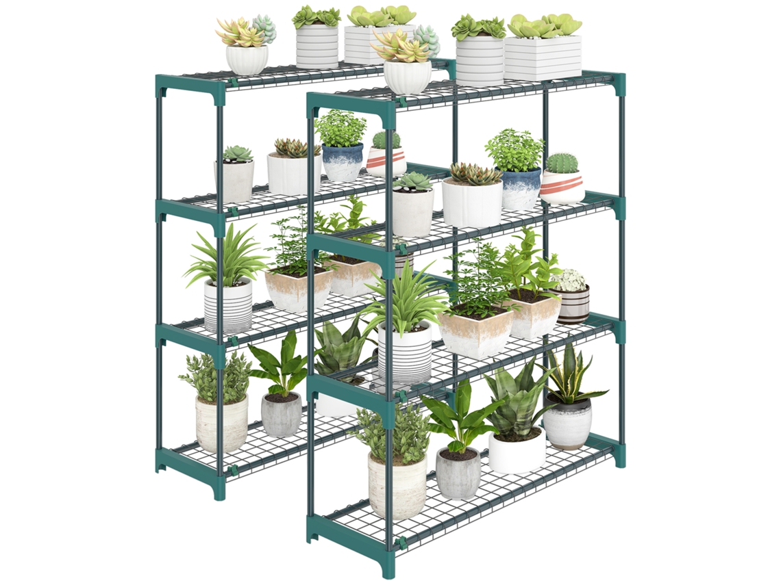 Juego de 4 soportes metálicos para plantas, aptos para uso interior y exterior, fácil montaje, color verde.
