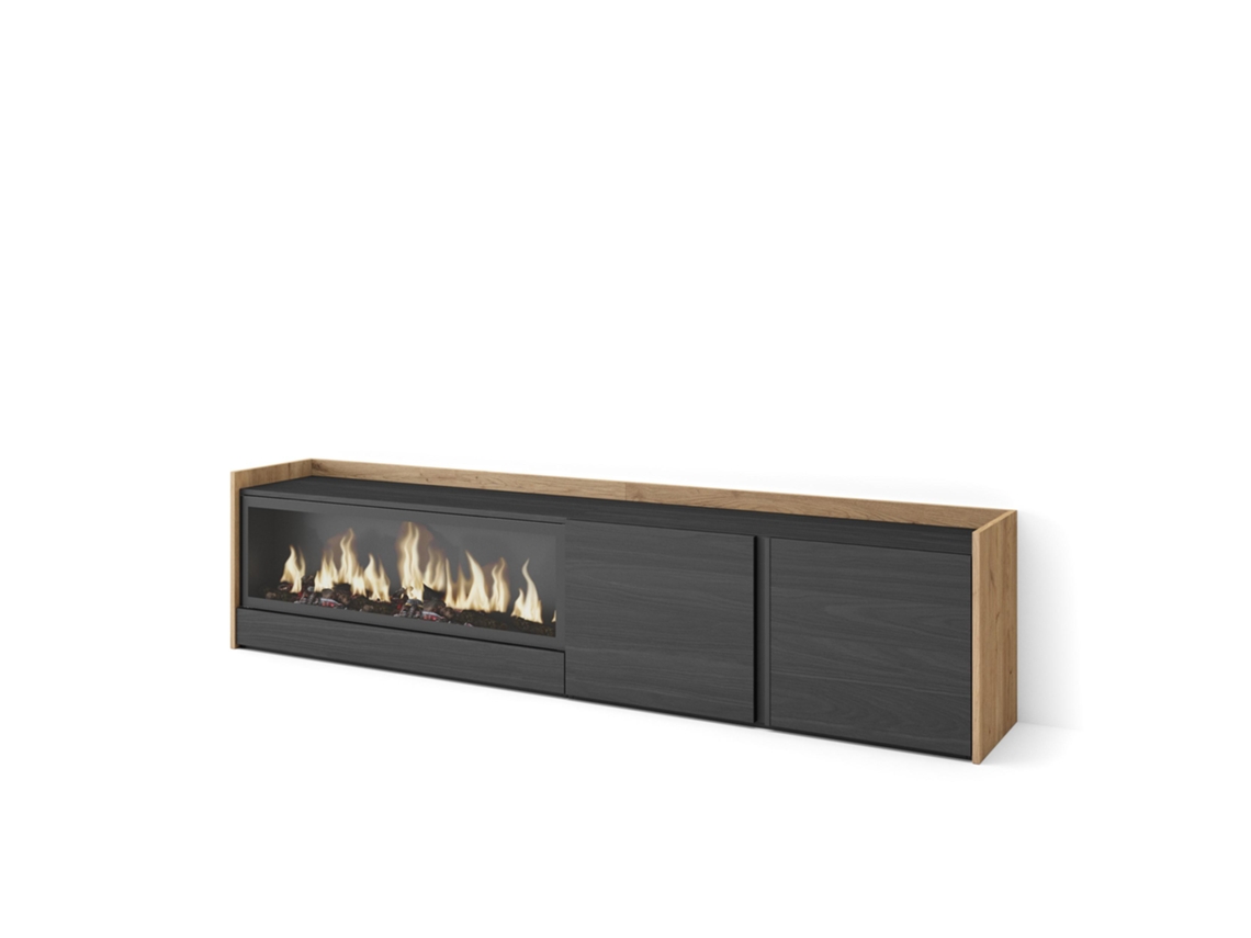 Mueble Tv, Televisión, 212x35x50cm, Para Tv Hasta 80", Chimenea Eléctrica Xxl, Negro Y Roble