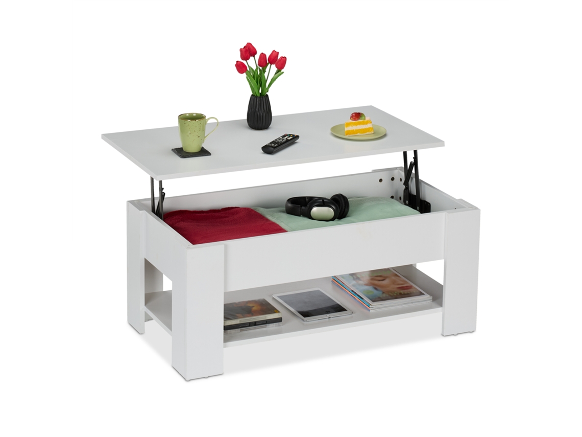 Relaxdays Mesa De Centro Elevable, Mesita Sofá Con Almacenaje Y Balda, Mesilla Salón, 42x98x50 Cm, Blanco